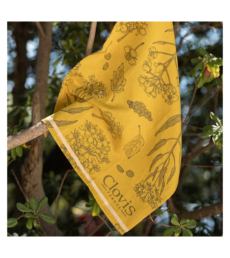 Torchon couleur ocre, matière 100% coton, avec logo Clovis et logo nature et graine de moutarde, tissé par la maison Moutet