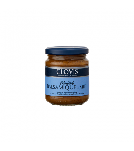 Pot de moutarde Balsamique et Miel, marque Clovis, format 200g, sur fond blanc.
