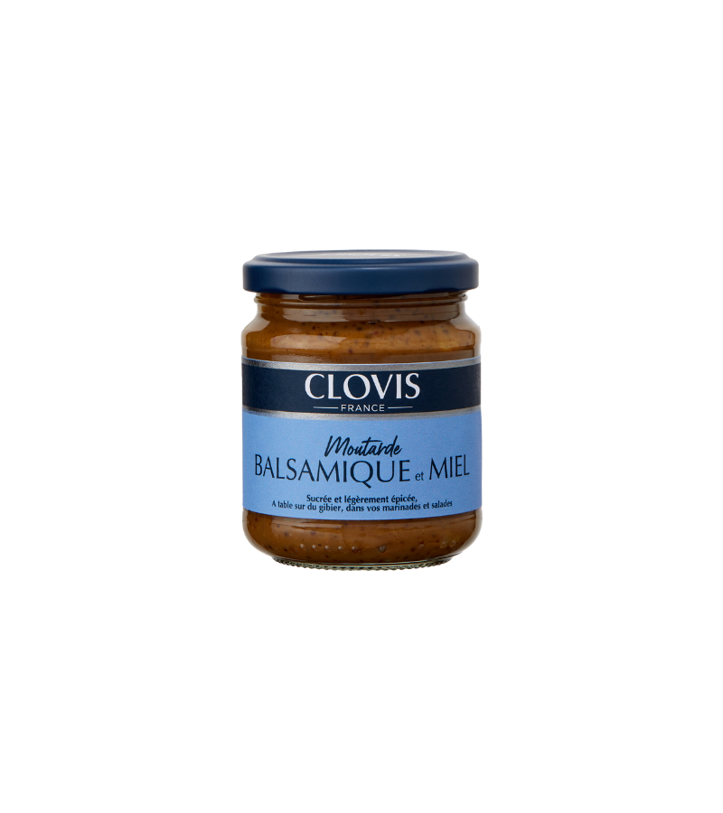 Pot de moutarde Balsamique et Miel, marque Clovis, format 200g, sur fond blanc.
