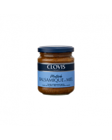 Pot de moutarde Balsamique et Miel, marque Clovis, format 200g, sur fond blanc.