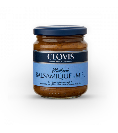 Pot de moutarde Balsamique et Miel, marque Clovis, format 200g, sur fond blanc.