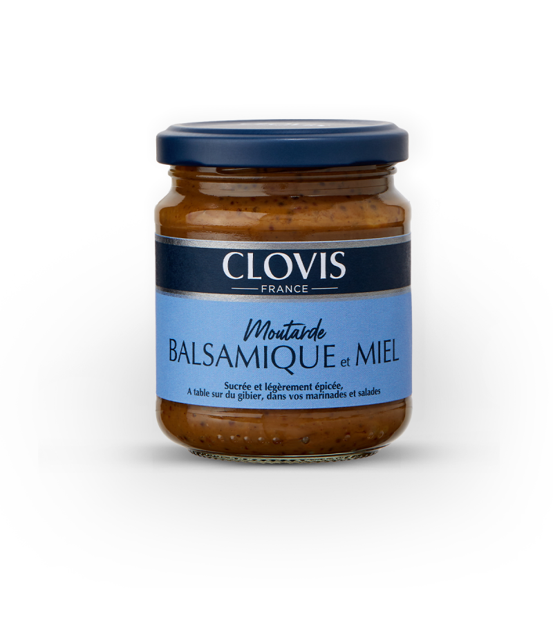 Pot de moutarde Balsamique et Miel, marque Clovis, format 200g, sur fond blanc.