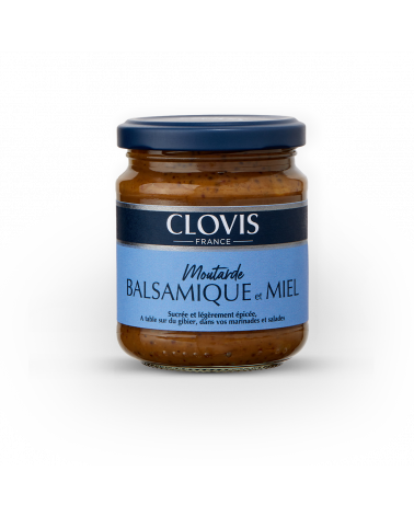 Pot de moutarde Balsamique et Miel, marque Clovis, format 200g, sur fond blanc.