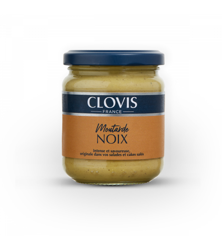 Pot de moutarde aux noix, marque Clovis, format 200g, sur fond blanc.