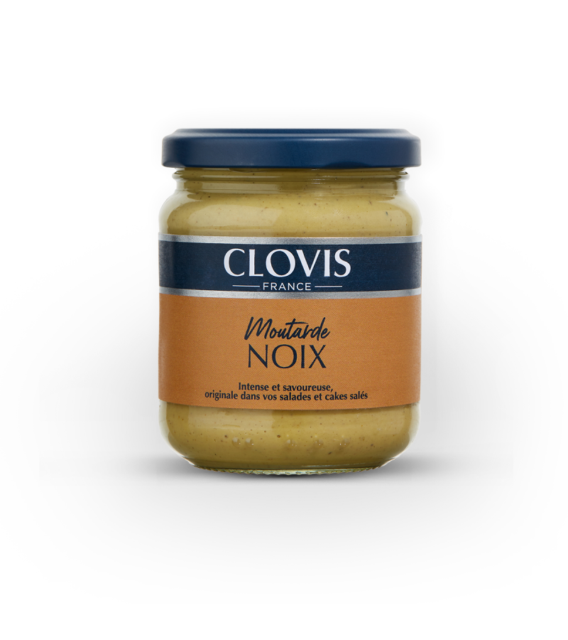 Pot de moutarde aux noix, marque Clovis, format 200g, sur fond blanc.