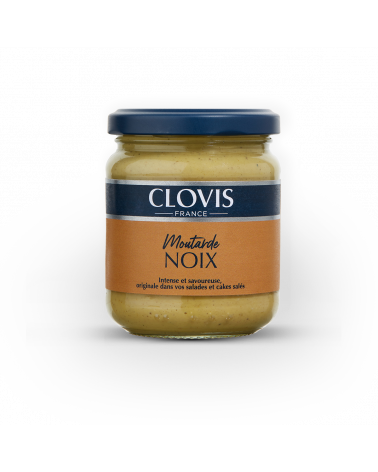 Pot de moutarde aux noix, marque Clovis, format 200g, sur fond blanc.