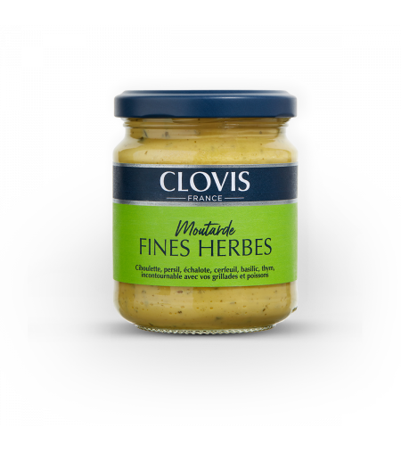 Pot de moutarde aux fines herbes, marque Clovis, format 200g, sur fond blanc