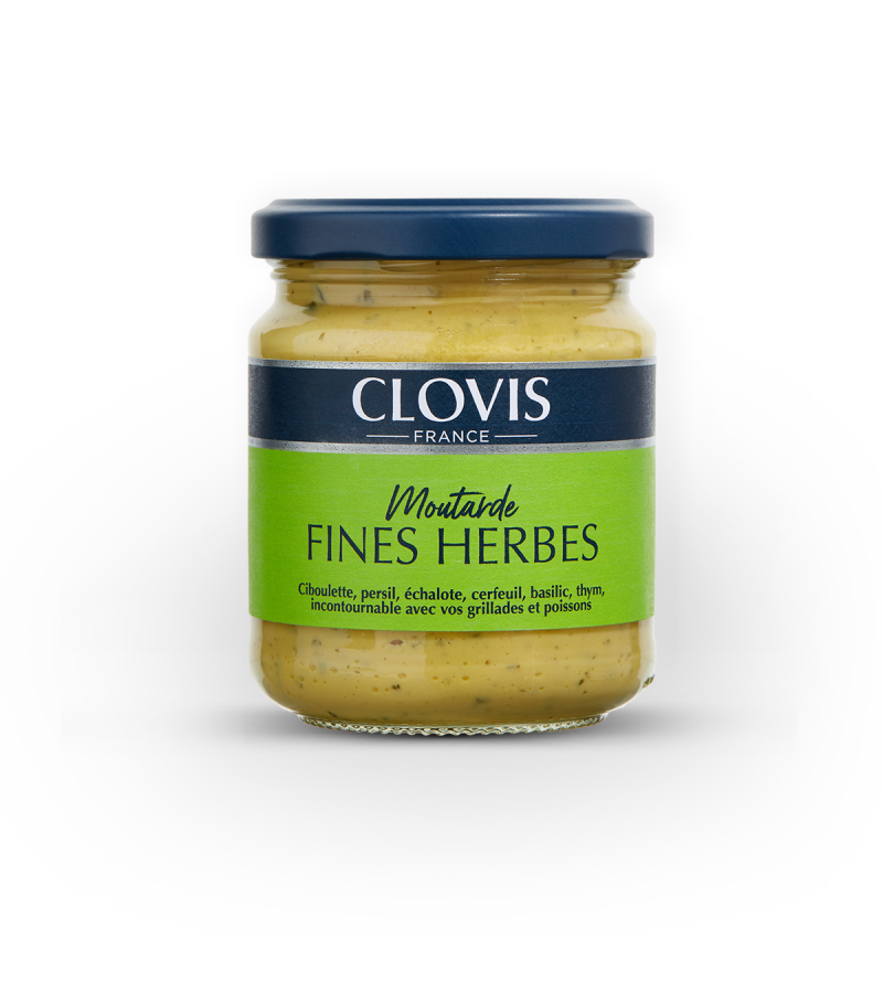 Pot de moutarde aux fines herbes, marque Clovis, format 200g, sur fond blanc