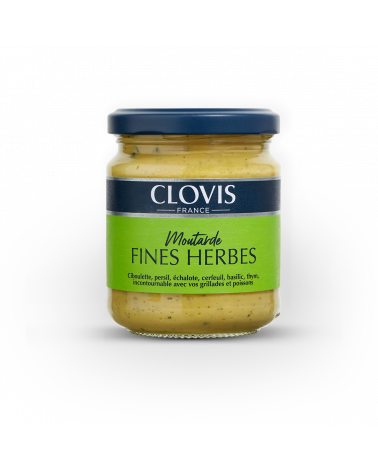 Pot de moutarde aux fines herbes, marque Clovis, format 200g, sur fond blanc