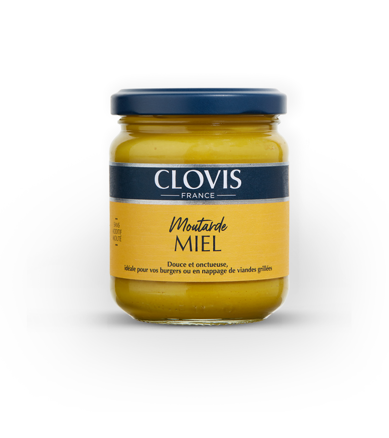 Pot de moutarde au miel, marque Clovis, format 200g, sur fond blanc
