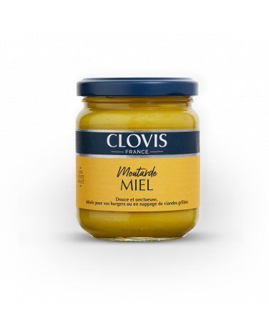 Pot de moutarde au miel, marque Clovis, format 200g, sur fond blanc