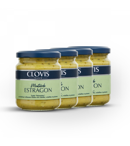 Lot de 4 pots Moutarde Estragon, marque Clovis, format 200g, sur fond blanc