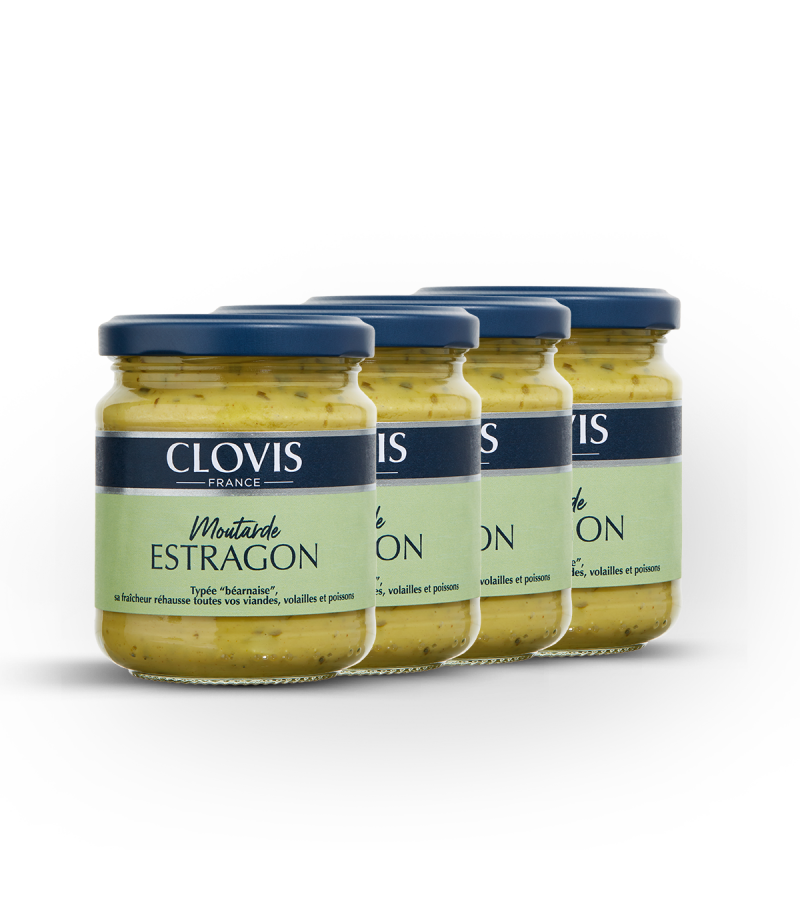 Lot de 4 pots Moutarde Estragon, marque Clovis, format 200g, sur fond blanc