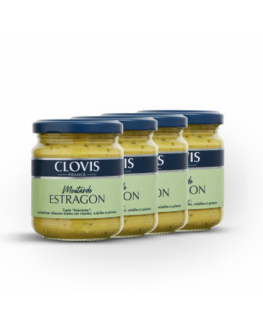 Lot de 4 pots Moutarde Estragon, marque Clovis, format 200g, sur fond blanc