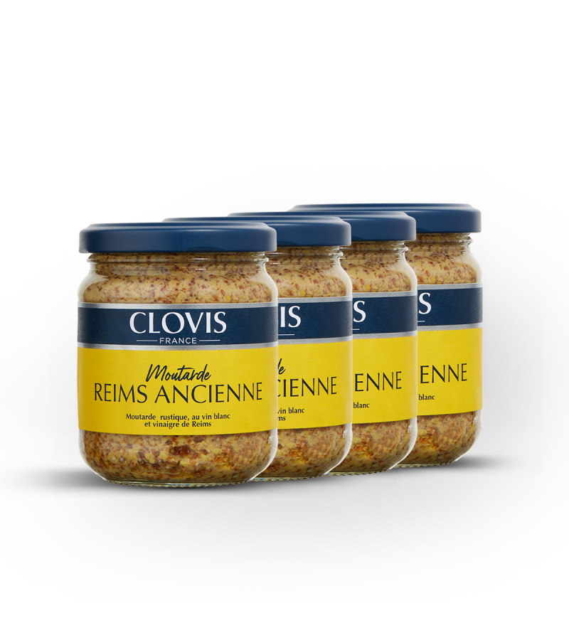 Lot de 4 pots Moutarde de Reims Ancienne, marque Clovis, format 200g, sur fond blanc