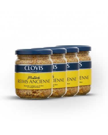 Lot de 4 pots Moutarde de Reims Ancienne, marque Clovis, format 200g, sur fond blanc