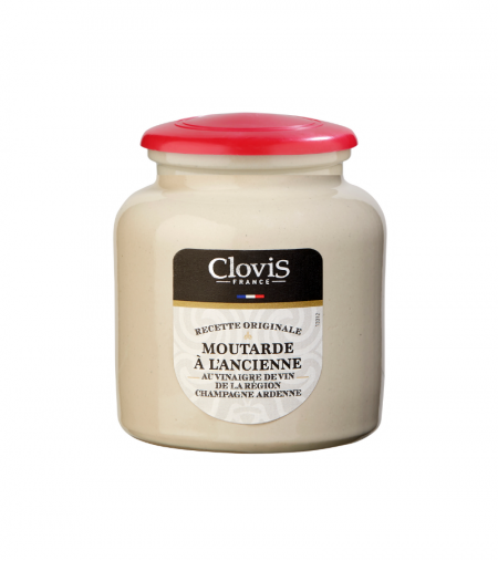 Pot Grès Moutarde à l'Ancienne au vinaigre de vin de la région Champagne Ardenne - marque Clovis - format 250g - sur fond blanc