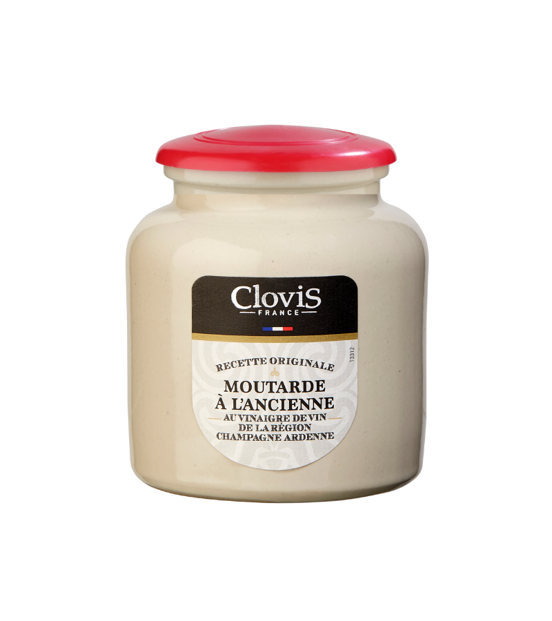 Pot Grès Moutarde à l'Ancienne au vinaigre de vin de la région Champagne Ardenne - marque Clovis - format 250g - sur fond blanc