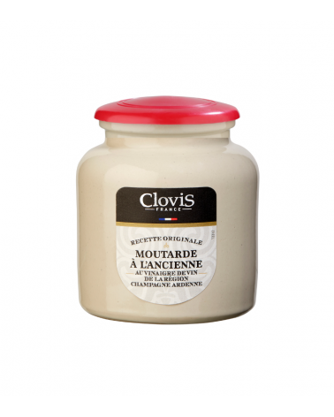 Pot Grès Moutarde à l'Ancienne au vinaigre de vin de la région Champagne Ardenne - marque Clovis - format 250g - sur fond blanc