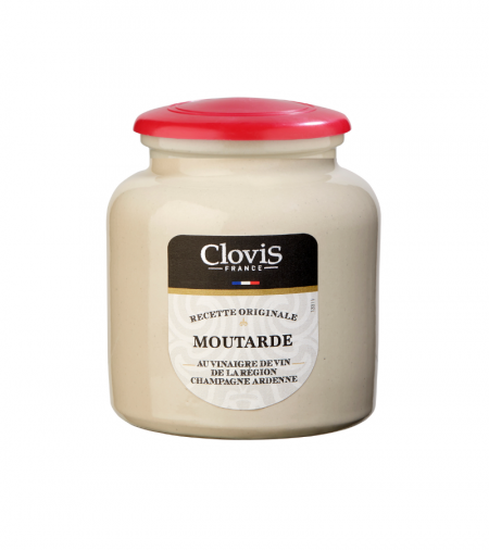 Pot Grès Moutarde à l'Ancienne au vinaigre de vin de la région Champagne Ardenne, marque Clovis, format 250g, sur fond blanc