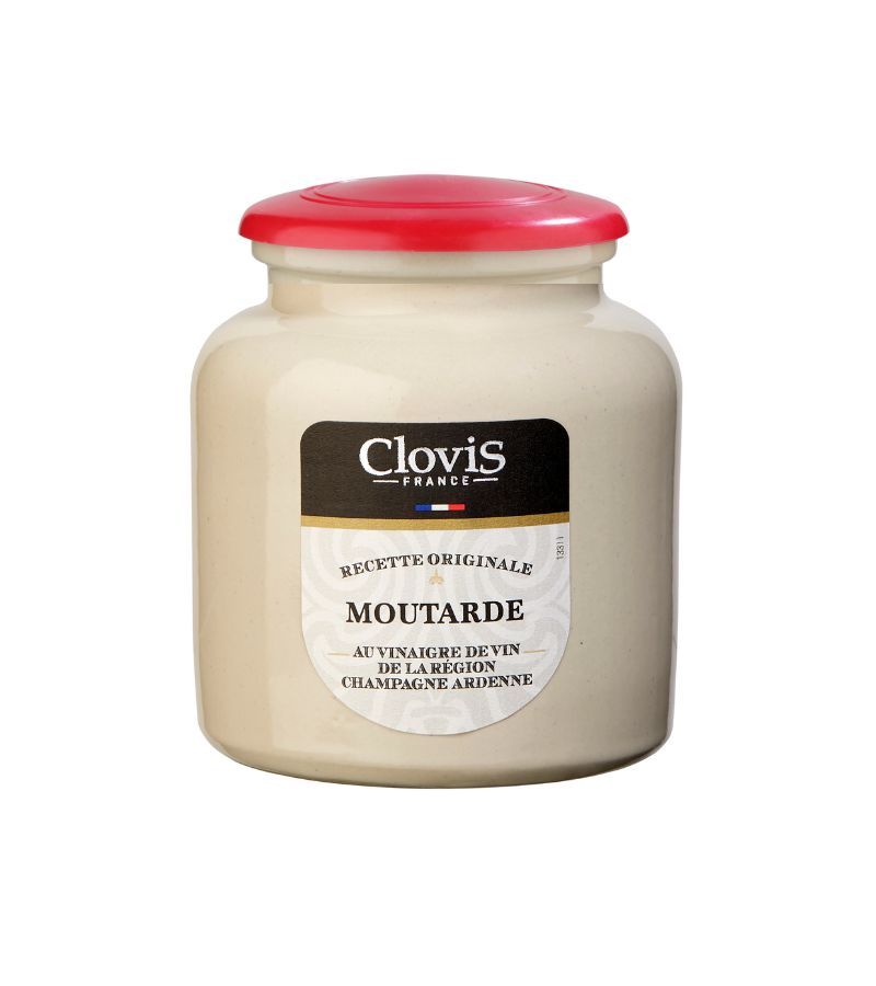 Pot Grès Moutarde à l'Ancienne au vinaigre de vin de la région Champagne Ardenne, marque Clovis, format 250g, sur fond blanc