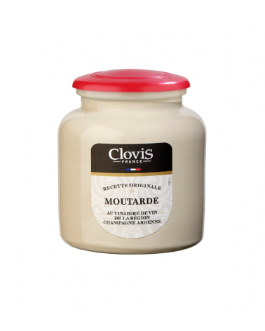 Pot Grès Moutarde à l'Ancienne au vinaigre de vin de la région Champagne Ardenne, marque Clovis, format 250g, sur fond blanc