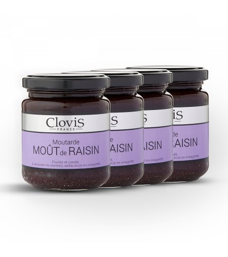 Lot de 4 pots Moutarde moût de raisin, marque Clovis, format 200g, sur fond blanc