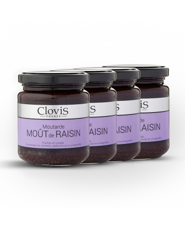 Lot de 4 pots Moutarde moût de raisin, marque Clovis, format 200g, sur fond blanc
