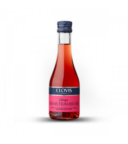 Bouteille de Vinaigre Reims Framboise, marque Clovis, format 25cl, sur fond blanc