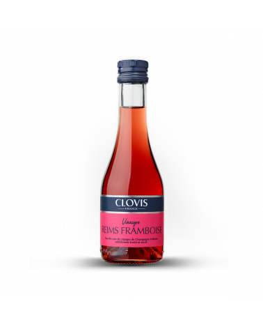 Bouteille de Vinaigre Reims Framboise, marque Clovis, format 25cl, sur fond blanc