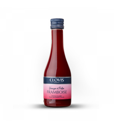Bouteille Vinaigre & Pulpe Framboise, marque Clovis, format 25cl, sur fond blanc.