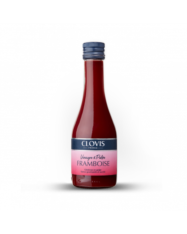 Bouteille Vinaigre & Pulpe Framboise, marque Clovis, format 25cl, sur fond blanc.