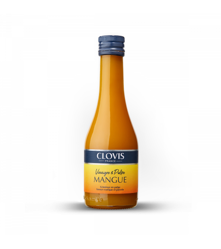 Bouteille Vinaigre & Pulpe de Mangue, marque Clovis, format 25cl, sur fond blanc