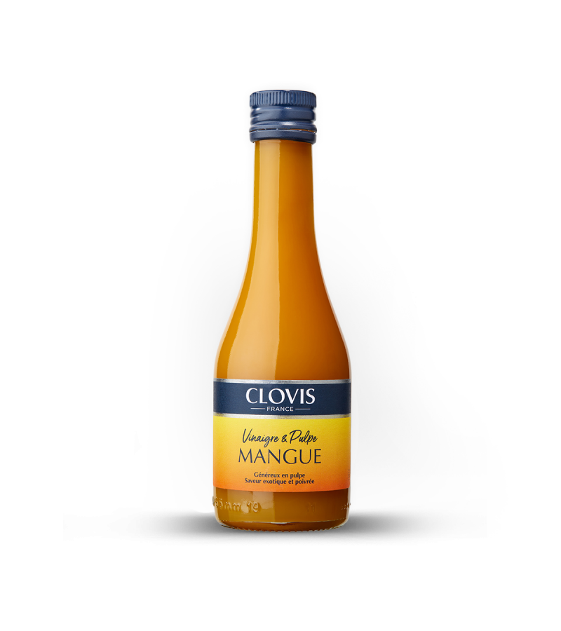 Bouteille Vinaigre & Pulpe de Mangue, marque Clovis, format 25cl, sur fond blanc