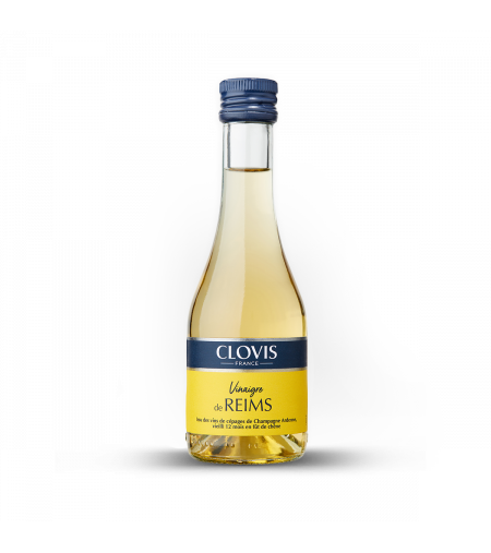 Bouteille de vinaigre de Reims, marque Clovis, format 25cl, sur fond blanc