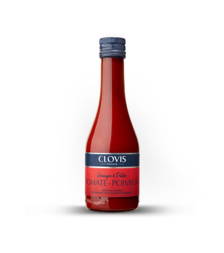 Vinaigre & Pulpe Tomate, Poivron, Piment d'Espelette, marque Clovis, format 25cl, sur fond blanc