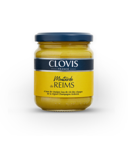 Pot de moutarde de Reims, marque Clovis, format 200g, sur fond blanc.