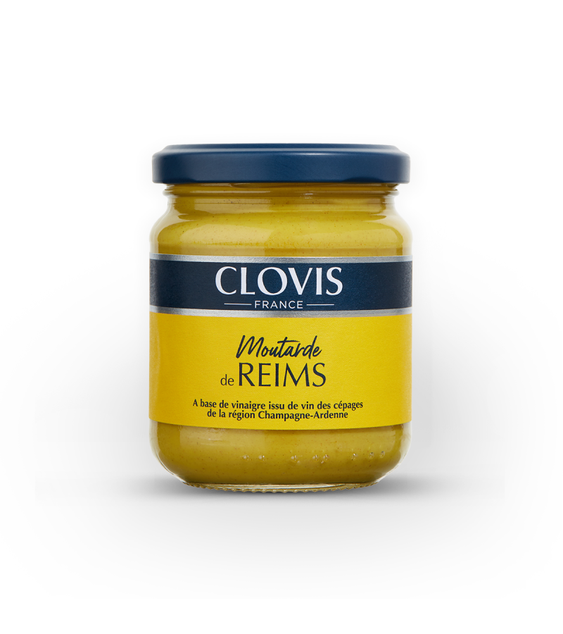 Pot de moutarde de Reims, marque Clovis, format 200g, sur fond blanc.