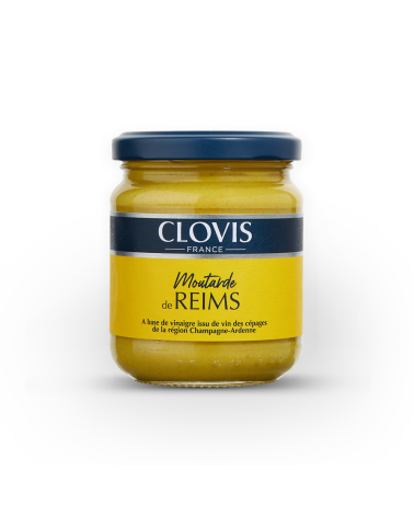 Pot de moutarde de Reims, marque Clovis, format 200g, sur fond blanc.