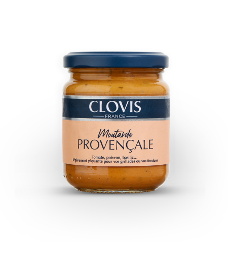 Pot de moutarde provençale, marque Clovis, format 200g, sur fond blanc