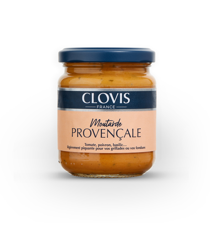 Pot de moutarde provençale, marque Clovis, format 200g, sur fond blanc