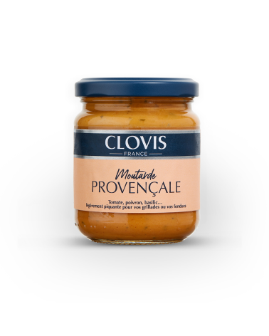 Pot de moutarde provençale, marque Clovis, format 200g, sur fond blanc