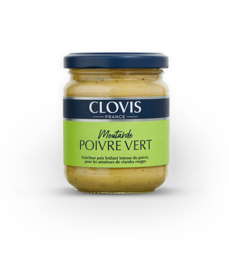 pot de moutarde poivre vert, marque Clovis, format 200g, sur fond blanc