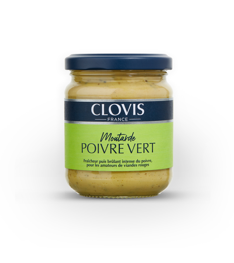 pot de moutarde poivre vert, marque Clovis, format 200g, sur fond blanc