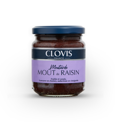 Pot de moutarde de Moût de Raisin, marque  Clovis, format 200g, sur fond blanc.