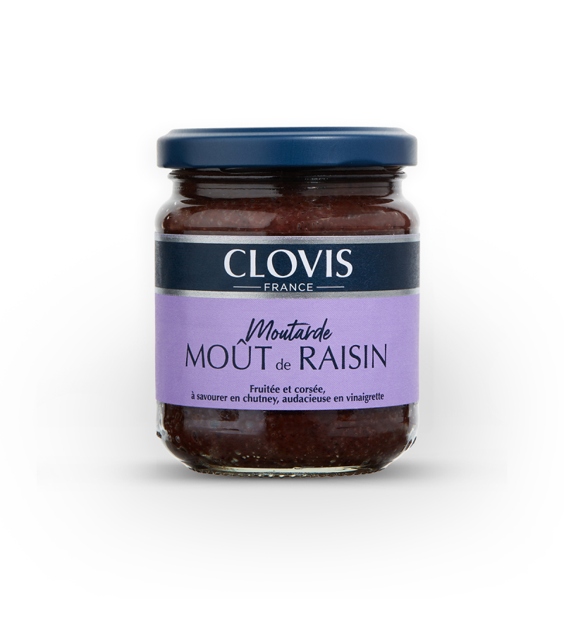 Pot de moutarde de Moût de Raisin, marque  Clovis, format 200g, sur fond blanc.