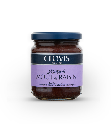 Pot de moutarde de Moût de Raisin, marque  Clovis, format 200g, sur fond blanc.