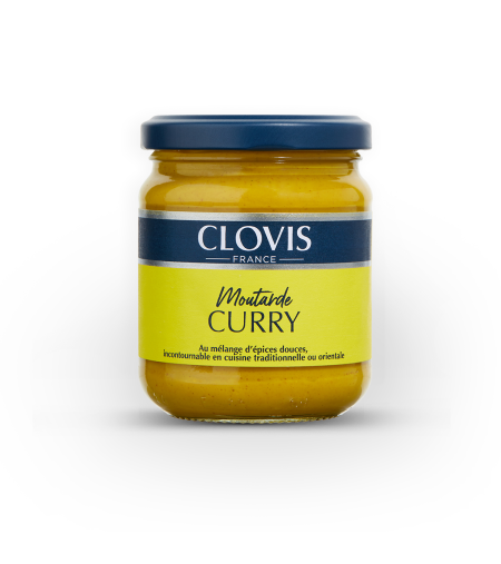 Pot de moutarde au curry, marque Clovis, format 200g, sur fond blanc.