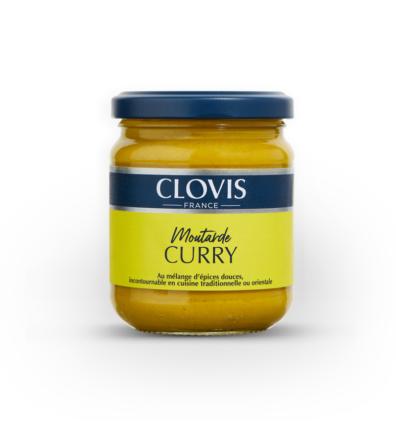Pot de moutarde au curry, marque Clovis, format 200g, sur fond blanc.