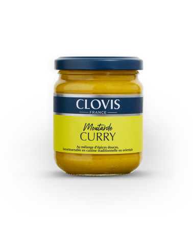 Pot de moutarde au curry, marque Clovis, format 200g, sur fond blanc.